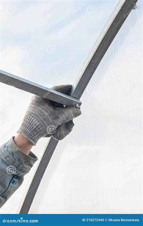 Installation of the Metal Frame of the Greenhouse in the Garden Stock Photo - Image of village ...