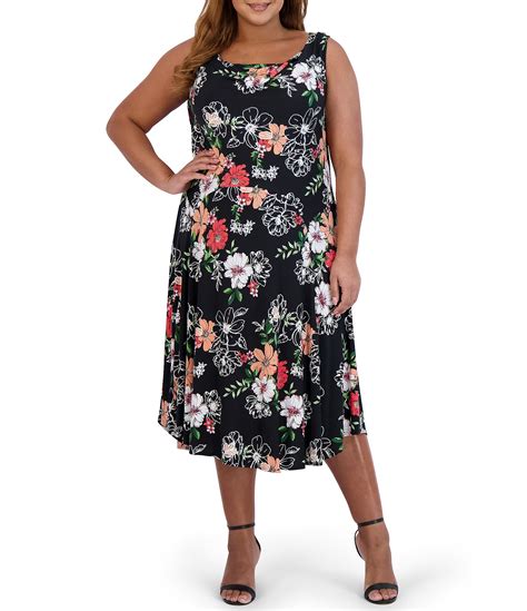 Robbie Bee Plus Size Sleeveless Cowl Neck Floral Print Knit A Line Midi