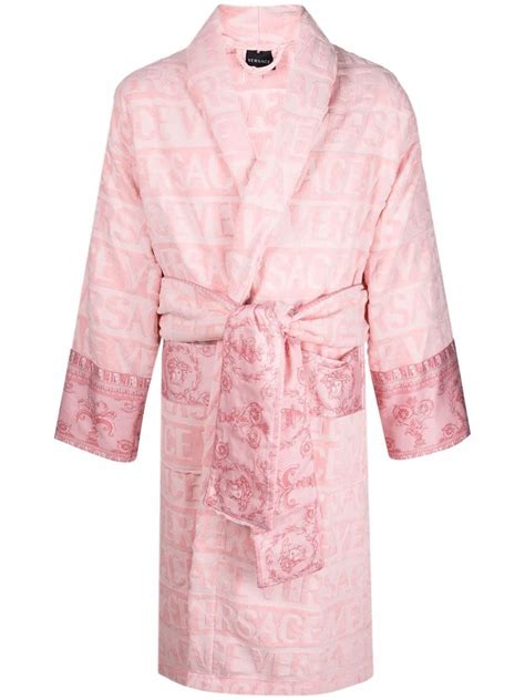 Pink Cotton Logo Embossed Cotton Bath Robe From Versace Featuring Wrap