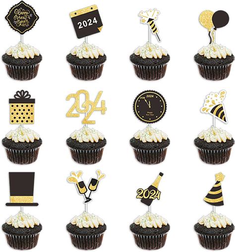 Happy New Year Cupcake Topper 12Pcs Black Gold Glitter Cake Topper