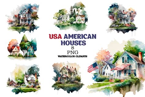 USA American House Watercolor Clipart Graphic By Rembrantd Ulya