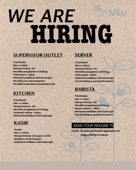 Lowongan Kerja Supervisor Outlet Server Kitchen Barista Kasir