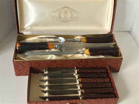 Vintage Glo Hill 9 Piece Carving Set In Chrome With Faux Horn Bakelite