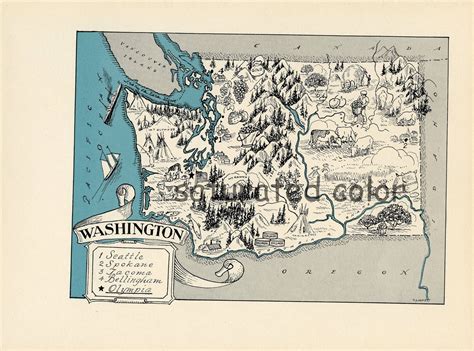 Washington Map Map Art High Res DIGITAL IMAGE DOWNLOAD 1930s Vintage Picture Map for Frame Tote ...