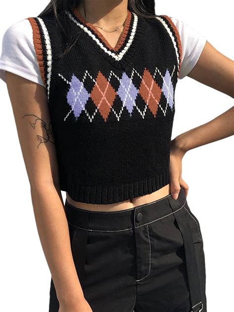 Clothing Plaid Knitted Tank Top Female Sweater Vest Preppy Style Y2k