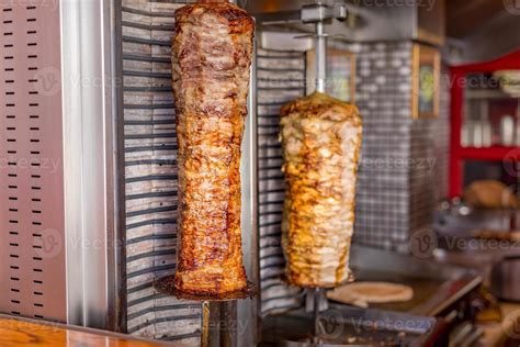 Doner Kebab On Rotating Vertical Spit Street Food Fast Food Concept