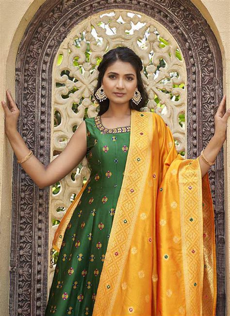 Buy Anarkali Suit Green Mirror Work Embroidery Silk Anarkali Suit In