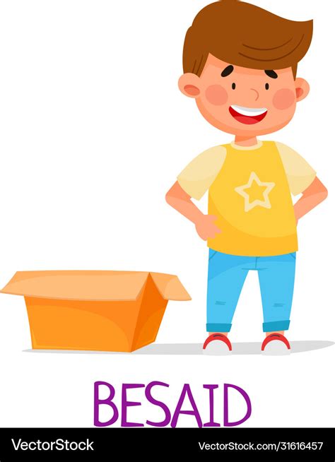 Cheerful boy standing beside carton box as Vector Image