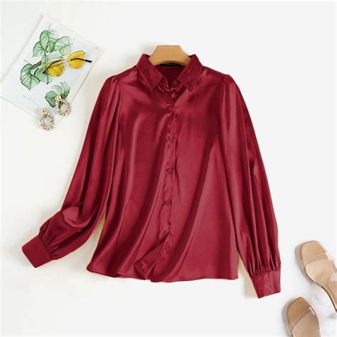 Cheap ZANZEA Spring Women Puff Long Sleeve Blouse Satin Silk Lapel