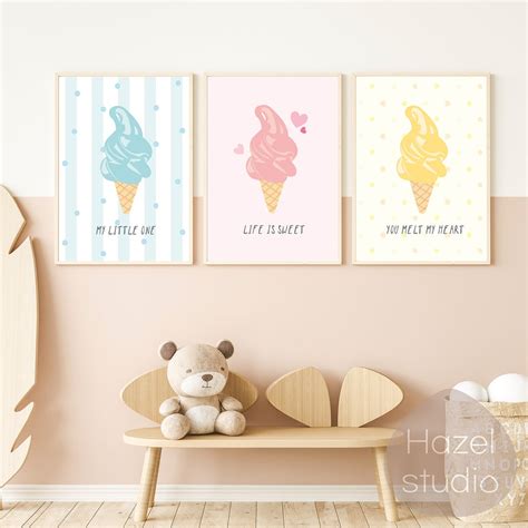 Set Of 3 Cute Ice Cream Wall Art Rainbow Ice Cream Cone Etsy