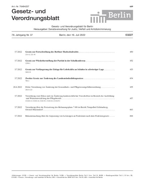 Fillable Online Gesetz Und Verordnungsblatt Fr Berlin Herausgeber