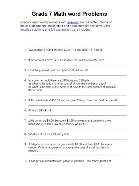 Grade 7 Math Word Problems Pdf Rectangle Geometry