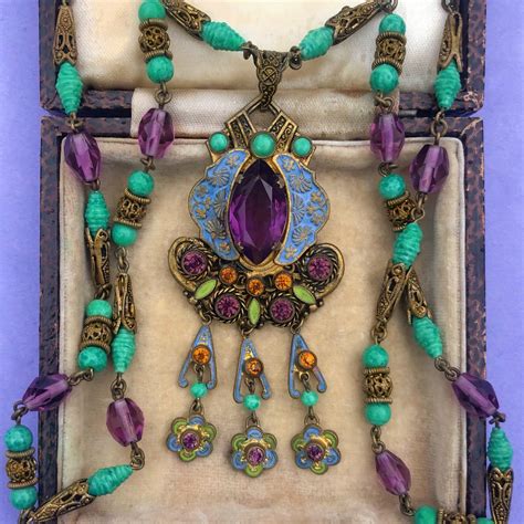 Antique Art Deco Czech Neiger Brothers Oriental Enamel Purple And Green Clarice Jewellery