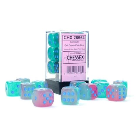 Chessex Gemini Gel Green Pink With Blue Luminary 16 Mm D6 12 Die Set Guardian Games