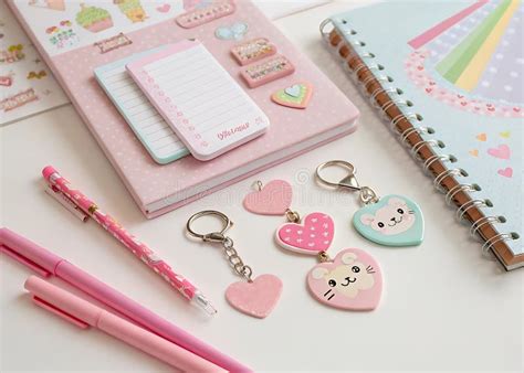 Small Notebooks, Pink Pens, Bright Stickers and Key Chains in the Shape ...