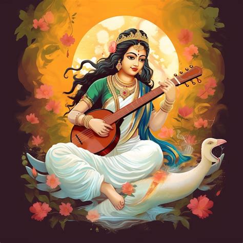 Saraswati Devi Goddess Happy Vasant Panchami Indian Festival Goddess