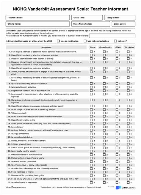 The Nichq Vanderbilt Assessment Scale For Parents Example Free Pdf