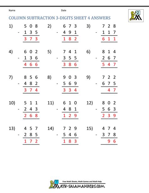 3 Digit Subtraction Worksheets