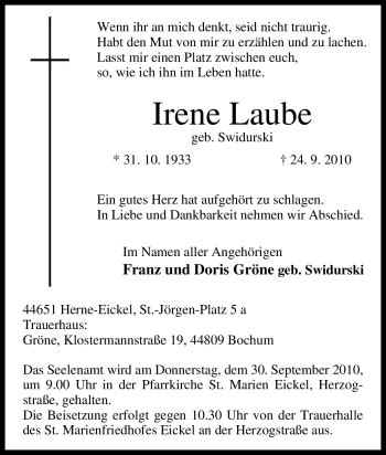 Traueranzeigen Von Irene Laube Trauer In NRW De