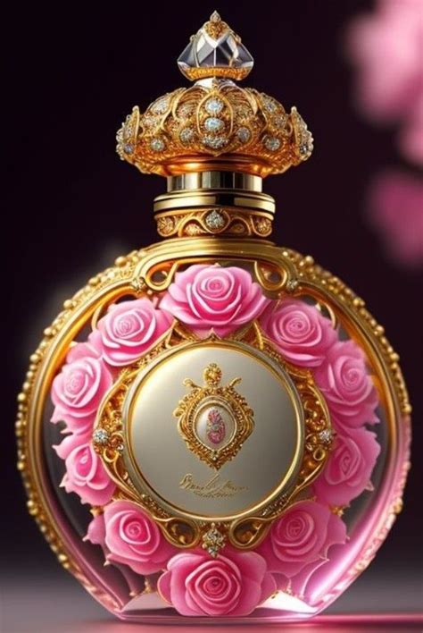 A Pink And Gold Perfume Bottle With Roses On The Front Surrounded By