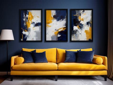 Navy Blue Mustard Yellow White And Grey Abstract Wall Art Modern Contemporary Home Decor