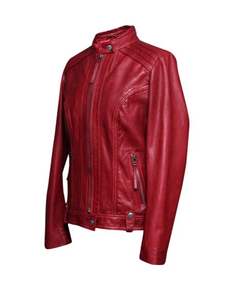 Womens Waxed Sheepskin Red Leather Jacket Feather Skin