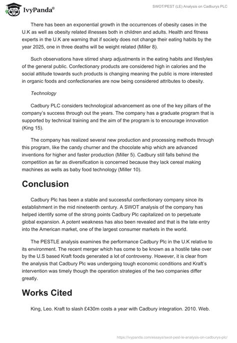 SWOT PEST LE Analysis On Cadburys PLC 1292 Words Report Example