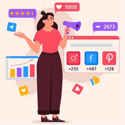 Concepto de marketing en redes sociales con mujer con megáfono e íconos