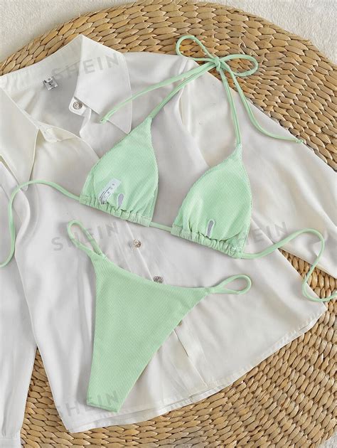 Shein Swim Basics Conjunto De Bikini Acanalado Sujetador De Tri Ngulo