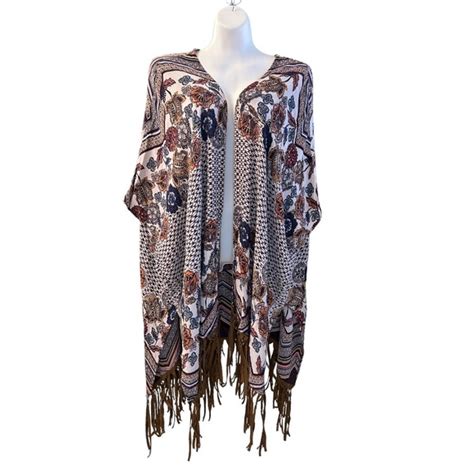 Angie Kimonos Yukatas Angie Floral Boho Suede Fringed Kimono One