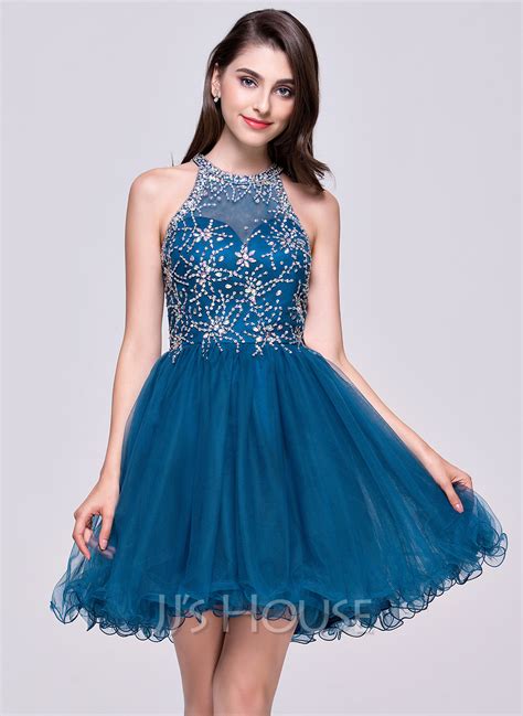 A Line Princess Scoop Neck Short Mini Tulle Homecoming Dress With