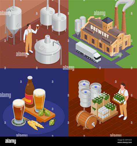 Brewery Building Equipment Glasses And Bottles Of Beer Isometric 2x2