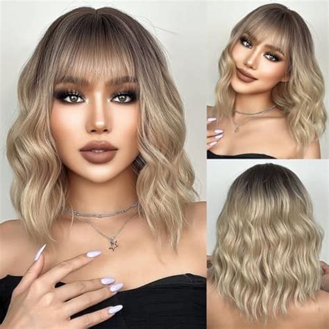 Amazon Doremiy Ombre Brown Blonde Short Bob Wavy Wig With Bangs