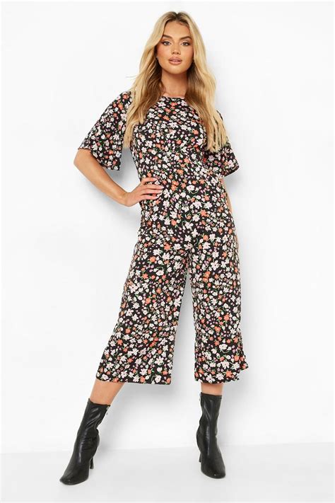 Floral Angel Sleeve Culotte Jumpsuit Boohoo Uk