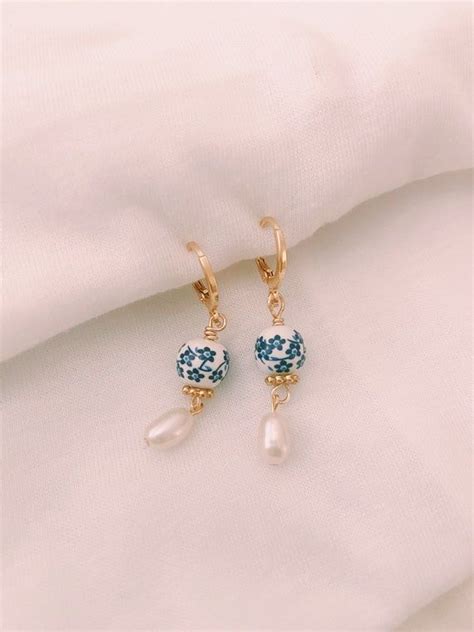 Dainty Blue Porcelain Genuine Freshwater Pearl Gold Huggie Earrings