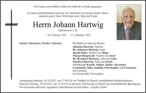 Traueranzeige Johann Hartwig Mantel Oberpfalzecho