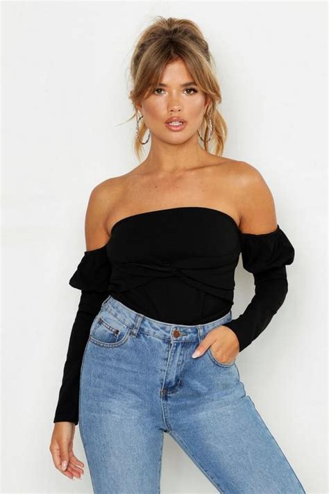 Black Off The Shoulder Puff Sleeve Top Boohoo Uk