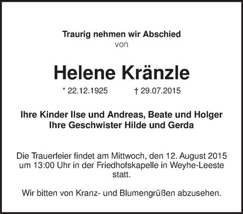 Traueranzeigen Von Helene Kr Nzle Trauer Kreiszeitung De