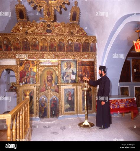 Greek Orthodox Church Altar With Priest Sitia Lasithi Prefecture