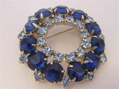 Vintage Rhinestone Jewelry - Blue and Aqua Round Brooch