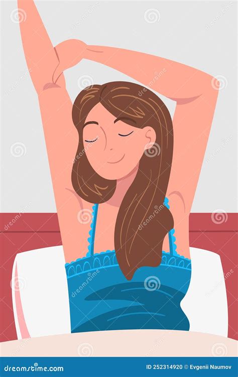 Woman Character Waking Up Feeling Happy Stretching Out In Bed Ready To Get Up In The Morning