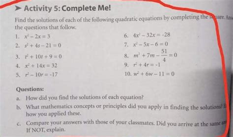 Solved Activity Complete Me Find The Solutions Of Each Of The