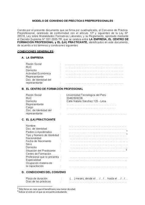 Modelo De Convenio De Práctica Preprofesional Modelo De Convenio De