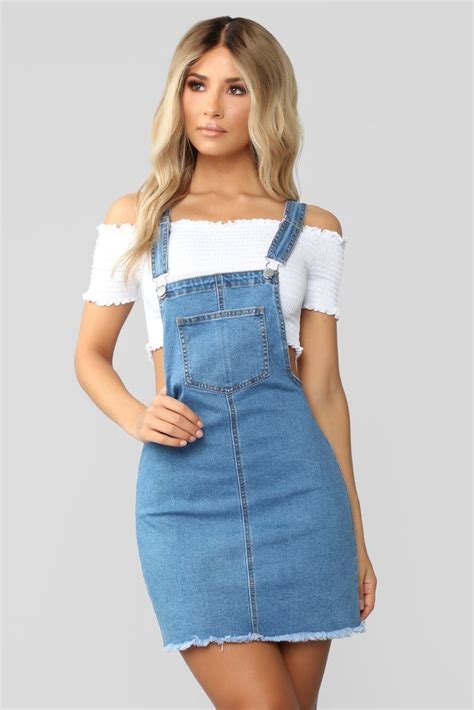 Buckle Up Denim Overall Mini Dress Medium Wash Jean Overall Dress Fashion Outfits Denim