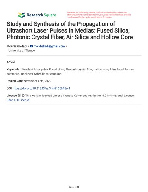 PDF Study And Synthesis Of The Propagation Of Ultrashort Laser Pulses