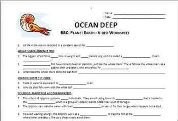 Planet Earth OCEAN DEEP Video Questions Worksheet Editable