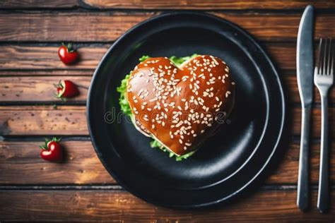 Heart Shaped Burger With Lettuce On The Black Plate Stock Illustration