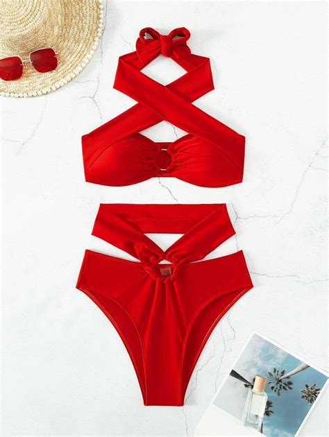 Shein Swim Summer Beach Mono Bikini Set O Ring Criss Cross Halter Top