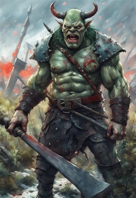 Angry Ogre Wields Axe On Battlefield Green Skin Strong Body Armor