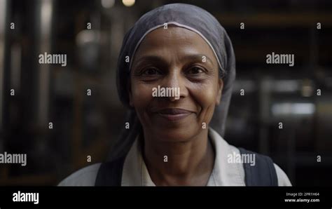 A Smiling Senior Indian Female Factory Worker Standing In Oil Refinery